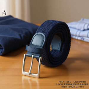 Cinturón Elástico Tejido Z de 3.5 cm, Color Azul Oscuro, Hebilla de Acero, Cinturón Informal de Tela para Hombre, 105/110/120 - Product Image 4