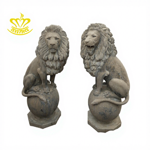 Estatuas de piedra <span class=keywords><strong>caliza</strong></span> marrón de alta calidad par León y bola en cuclillas mármol <span class=keywords><strong>calle</strong></span> paisaje diseño piedra arte escultura - Product Image 1