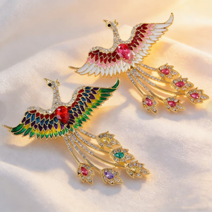 Broche de Fénix de Lujo al por Mayor con Pedrería, Joyería de Aleación, Estilo Retro Chino para Mujer, Broches de Fénix con Esmalte Goteado - Product Image 1