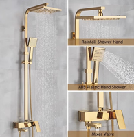 Colonne de douche murale dorée avec robinet, eau chaude et froide, pommeau de douche carré effet pluie, fonctions massage et pause, style européen, double fonction