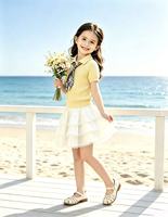 Ensemble d'été 2 pièces pour enfant : Polo en polyester à manches courtes avec jupe à volants superposés en coton et cravate imprimée, idéal pour le jardin et la mer