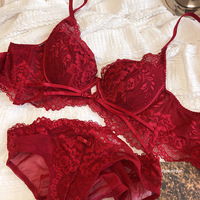 Set Lingerie 2-Piece Bra dan Panty Seksi Berenda Bunga dengan Kawat Penyangga, Transparan, Detail Pita, Breathable, Push-Up, Grosir OEM ODM