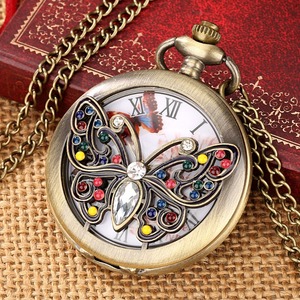 Top Luxury Gold Butterfly Crystal Diamond-encrusted Quartz Pocket Watch Elegant Women <strong>Retro</strong> Fob Chain <strong>Clock</strong> Charm Pendant Chain - Product Image 4