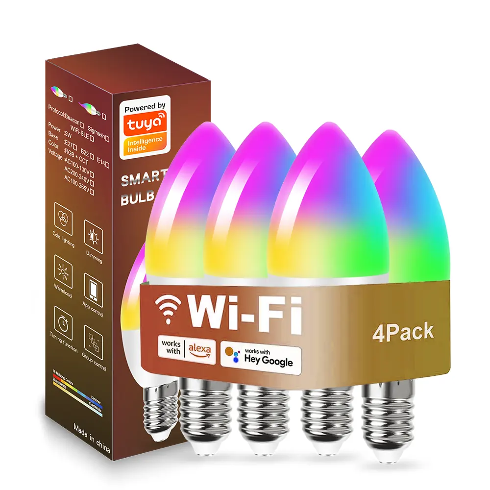 Bombilla LED inteligente E14 E27 5W Alexa/Googlehome/Wifi regulable RGB luz de vela bombilla led controlada por teléfono para el hogar/Cocina/dormitorio