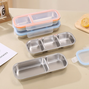 304 Stainless Steel Three Compartment <b>Lunch</b> <b>Box</b> With Plastic Lid For Weight Loss And Light Meals Adult Use - Product Image 4