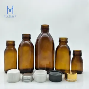 Hot sale 30ml 60ml 100ml 125ml 150ml 200ml 250ml amber syrup glass bottle with cap for drinking