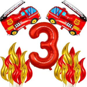 Fire Truck Red Gold Flame Foil Balloon Combination Fire Truck Theme Party Decoration Balloon Children's Birthday