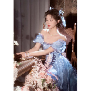 Blue Off-The-Shoulder A-Line Prom Dress Empire Waist Vintage Style For Studio Photography And Coming Of Age Ceremony - Product Image 2