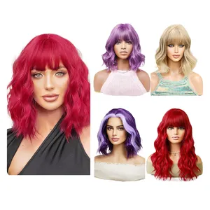 Shinein Heat Resistant Medium Shoulder Length Short Wavy Bob Curly Wig Red Purple Cosplay Short Synthetic Wigs With Bangs