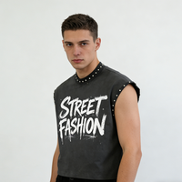 Heren donkergrijs mouwloos T-shirt met klinknagels versierd, zacht katoen, retro streetwear, casual, losvallend, korte mouw T-shirt