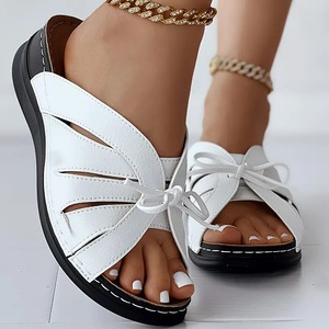 New Summer Open Toe Fish Mouth Hollow Sandals Cross-Border Plus Size Bow Flat Slope Heel Swing Line for Foreign Trade - Product Image 5
