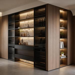 Meuble à vin moderne avec éclairage LED, dos en marbre, structure en métal, bois brun, buffet de rangement pour salon ou bar - Product Image 2