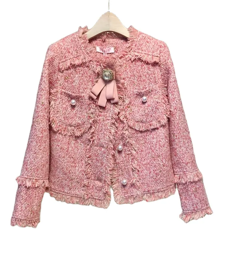 Nanchang Auyan Woman French Fashion Soft Style Pink Wool Short Coat Crop Custom Tweed Vintage Jacket