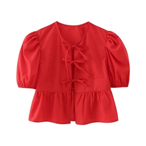 Camisa <span class=keywords><strong>de</strong></span> verano para mujer con camisa <span class=keywords><strong>de</strong></span> <span class=keywords><strong>corbata</strong></span> Vintage linterna manga corta cuello redondo blusas Chic elegante Puff manga corta sólido con volantes Top - Product Image 4