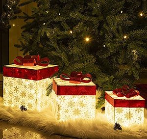 Nicro Waterproof Christmas Lighted Gift Boxes Pre lit Xmas Tree Box Ornament Light Up Indoor Yard Inflatable Party Decorations