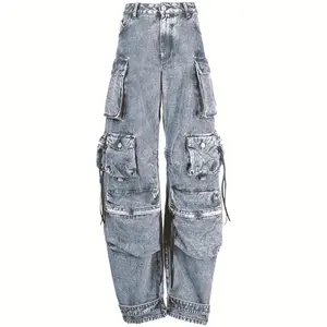 Street Jeans Women's Autumn And Winter Universal Wear Tooling Multi-pocket Old-fashioned Wide-leg Denim Jeans Ladies Trousers