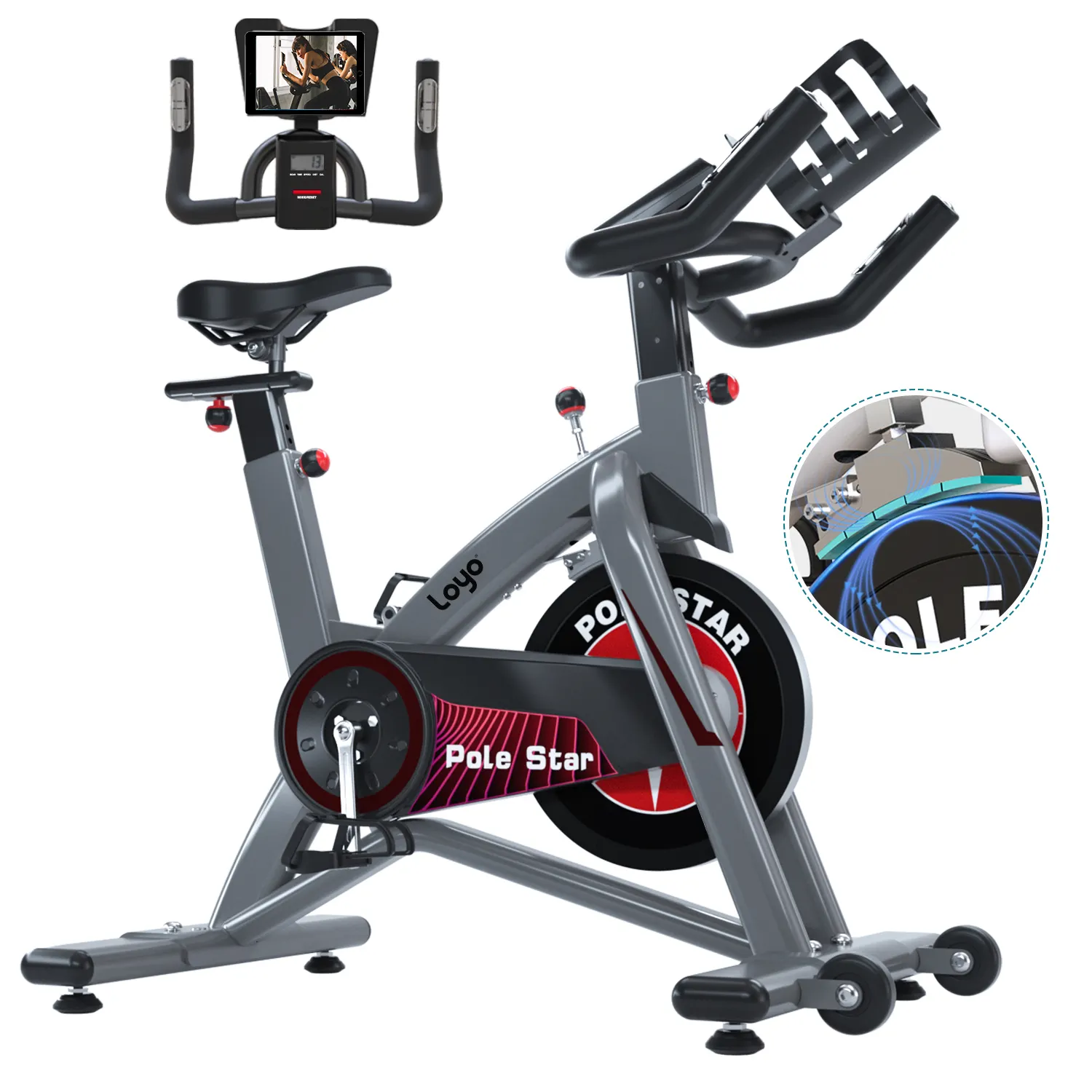 Snode sp máquina de exercício de ciclo giratória, máquina preta de bicicleta com ajuste de display