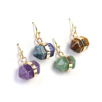 Boucles d'oreilles pendantes en pierre naturelle à pointe terminée, en acier inoxydable doré, avec cristaux naturels hexagonaux pour femmes et jeunes filles
