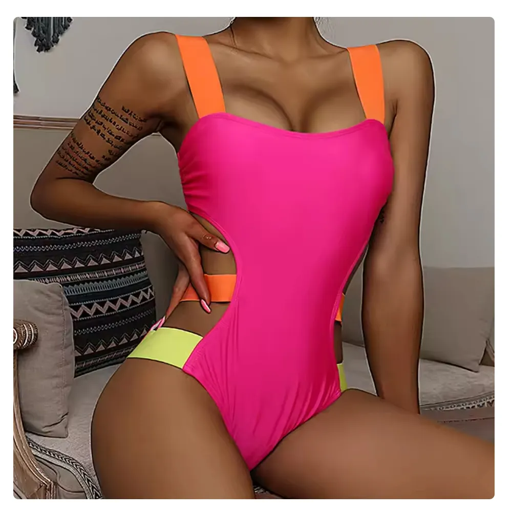 Nieuwe Fluorescerende Kleur Bandage Contrast Kleur Een Stuk Badpak Europese En Amerikaanse Sexy Bikini