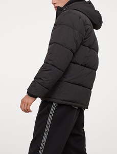Custom Logo <b>Men's</b> Hooded Puffer Jacket Solid <b>Black</b> Windproof Polyester Winter Casual Zipper Closure Thick Quilted Regular Fit - Product Image 4