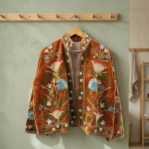 Luxury Rust <b>Velvet</b> Floral Embroidery Jacket <b>Women</b> Boho Chic Stand Collar Short <b>Coat</b> Traditional Indian Handicraft Outerwear - Product Image 4