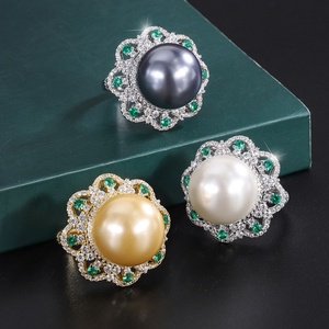 Anillo de Moda Toderi, Ecológico, de Cobre, con Perla de Concha de 16 mm, con Micro Pavé de Circonitas, Diseño de Flor, para Uso Diario Elegante - Product Image 3