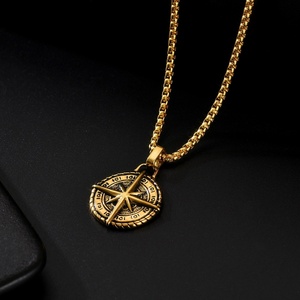 Pendentif pour homme en acier inoxydable style punk vintage avec boussole, chaîne en bambou et motif papillon, perles d'eau douce - Product Image 2