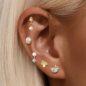 Boucles d'oreilles en argent sterling S925 avec zircon géométrique, coquillage, étoile de mer et perle - Product Image 5