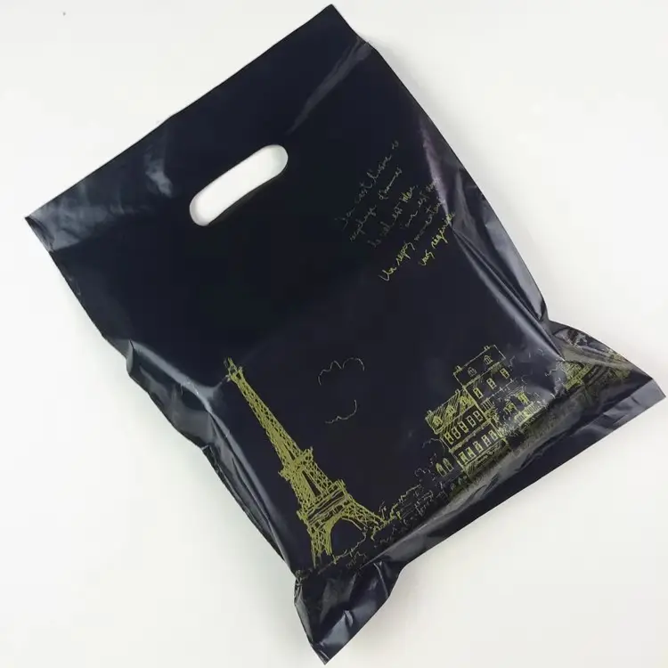 Chen Han pabrik grosir Menara Eiffel tas hadiah plastik HDPE tas belanja portabel mulut datar tas pakaian