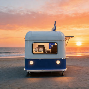 Chariot mobile bleu et blanc à 4 roues en acier inoxydable avec espace de siège pour la vente de glaces, de restauration rapide, de produits de marché nocturne et les opérations de salon décontracté - Product Image 3