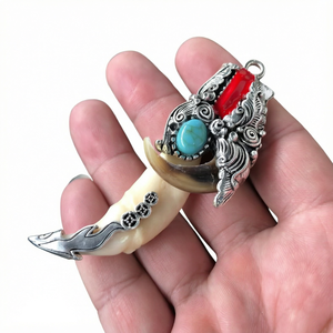 Collier pendentif en corne d'argent tibétain, incrusté de turquoise, chaîne unisexe, bijoux cadeau, vente en gros - Product Image 1