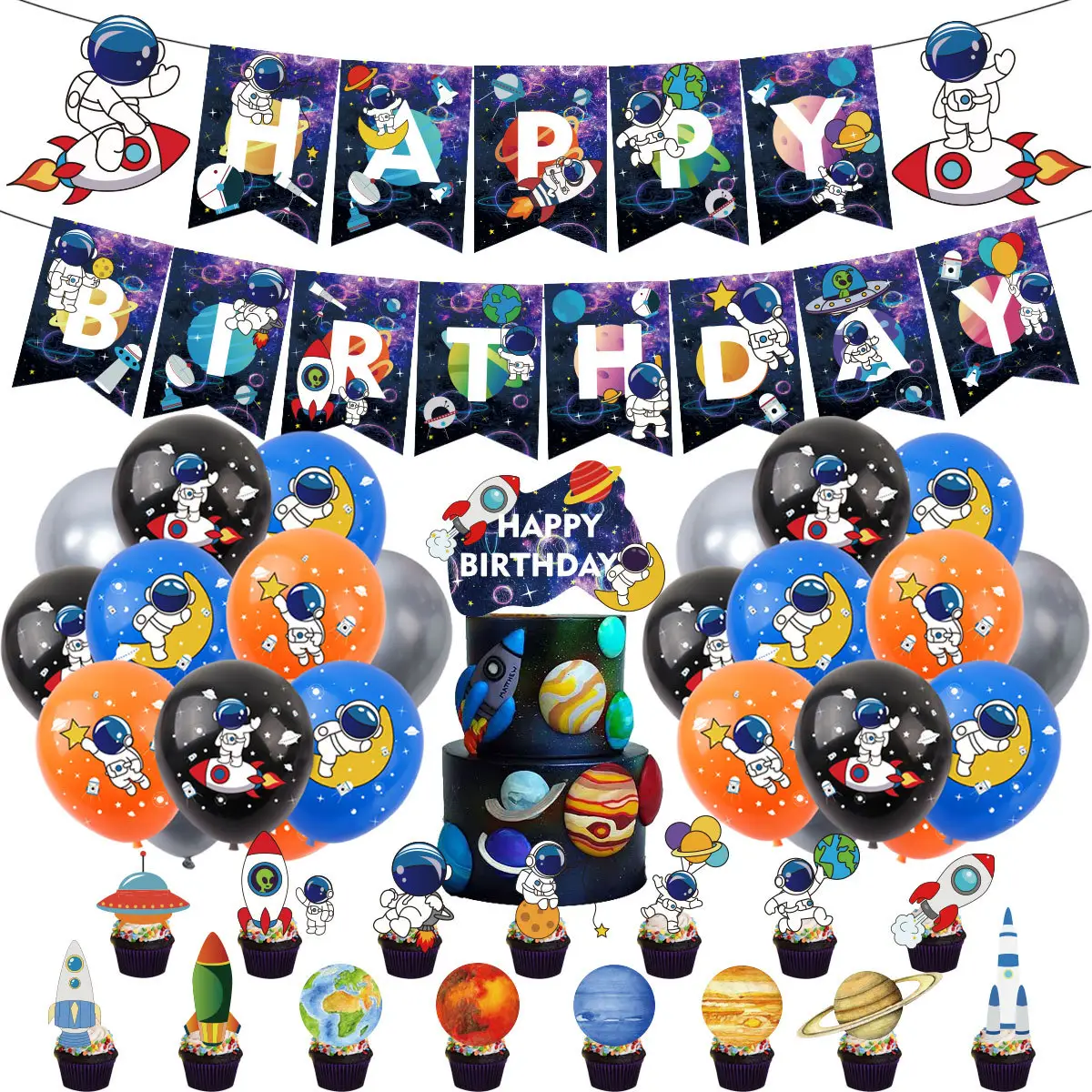 LUCKY Outer Space Astronaut Spaceman Theme Party Supplies Banner Kids Baby Boy Party Home Wall Decor Birthday Supplies Kit Set