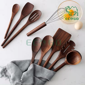 Ensemble de cuisine en bois de bambou, noyer noir Ensemble d'ustensiles de cuisine en bois de 9 pièces - Product Image 1