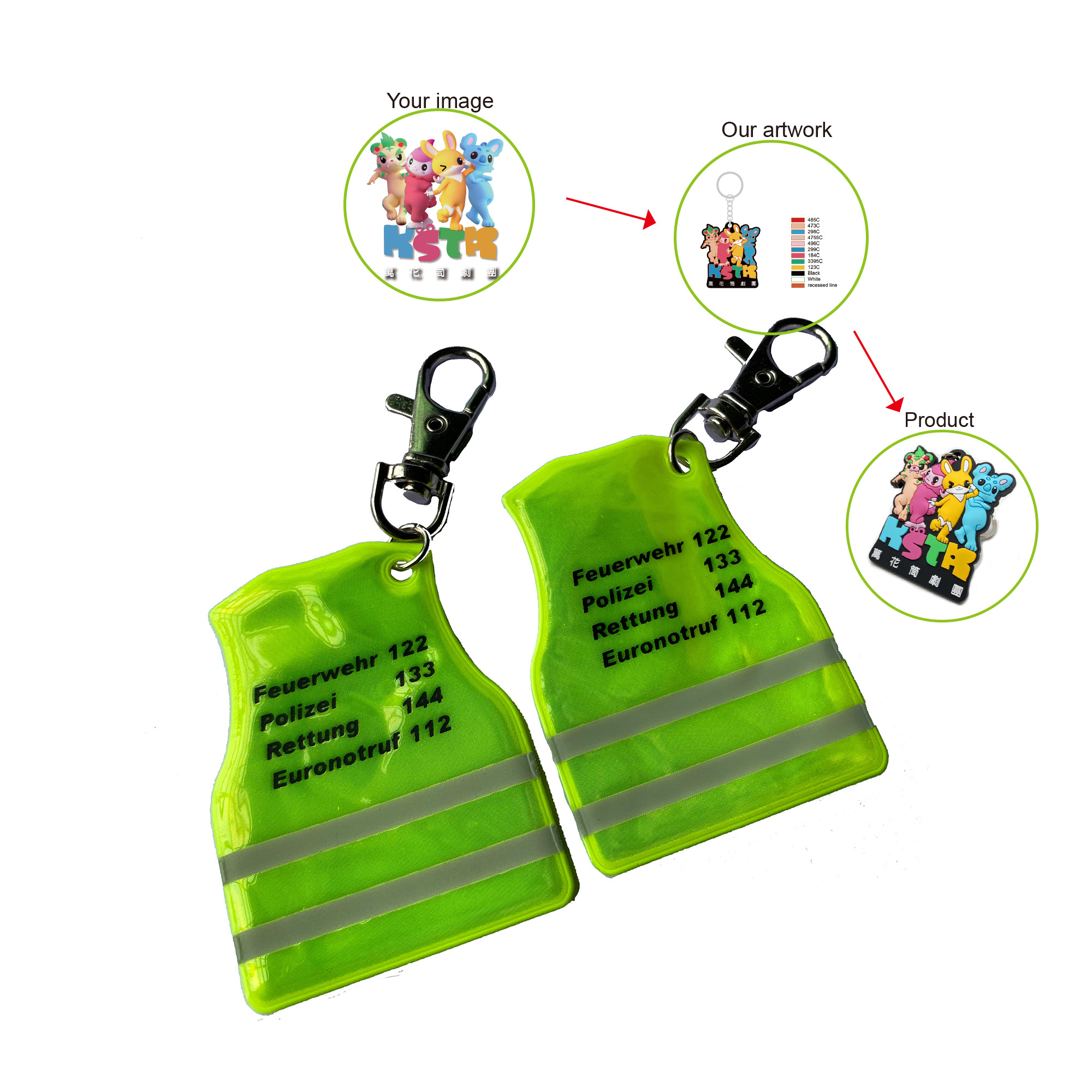 Mini linterna LED de plástico personalizada, llavero de seguridad personalizado, llavero reflectante de PVC