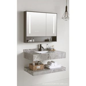 Mueble de Baño Flotante Ouni Gris con Espejo Inteligente, Lavabo de Cerámica de Doble Capa para Hogar Moderno - Product Image 1
