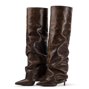 Pleated Upper Thin High Heel Pointed Toe Overlay <b>Shoes</b> Dress Stiletto Pants Boots Women's Folded Over Knee High Booties - Product Image 5