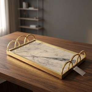 Stunning Gold Scalloped Edge Marble Serving Tray Decorative <b>Bar</b> Cart Ottoman Coffee Table Accent - Product Image 1