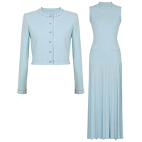 Ensemble élégant tricoté SR2510 de haute qualité : Cardigan élastique et robe sans manches à volants avec décoration de perles