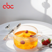 Pot en verre à double oreille Pot à soupe rayé résistant aux hautes températures avec couvercle Bol à nouilles instantanées Usage domestique