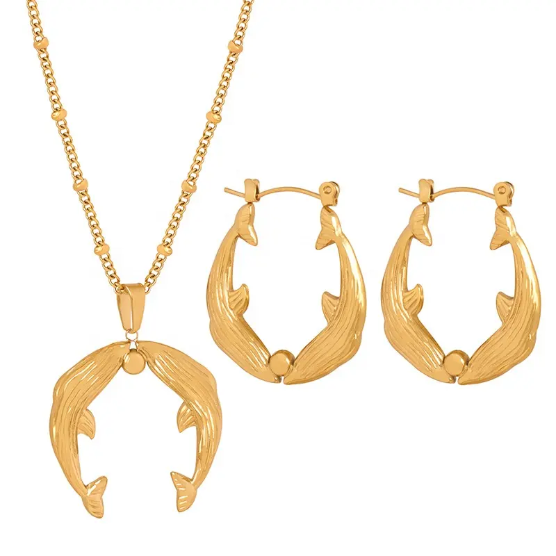 Niche Design Ladies 18K Gold Plated Titanium Steel Kiss Fish Dangle Necklace Hoop Earrings