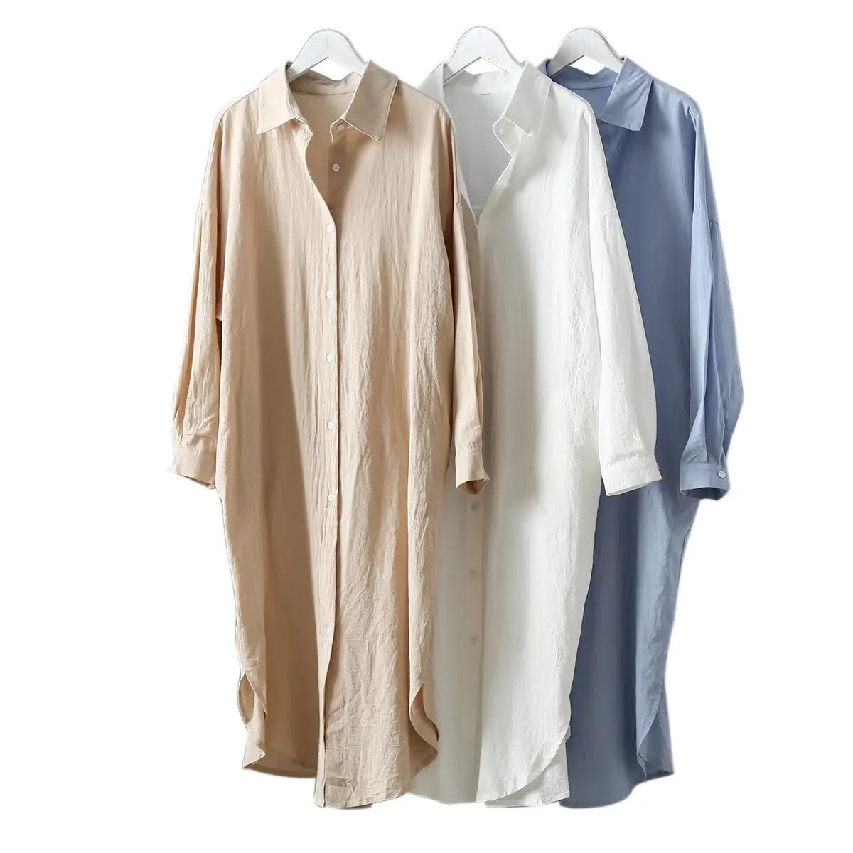 Nouvelle robe de vacances couleur unie manches longues à lacets robe décontractée coton lin robes chemise femmes