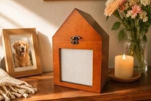Handgemaakte ecologische luxe <span class=keywords><strong>urn</strong></span> van dennenhout met fotolijst voor hondencrematieas, moderne stijl - Product Image 3