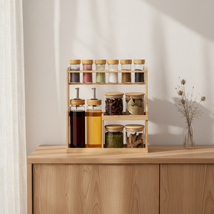 Étagère de rangement en verre recouvert de bambou à double couche, étagère de rangement multi-niveaux adaptée au rangement sur comptoir de cuisine - Product Image 6