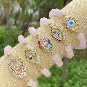 Braccialetto Elastico in Quarzo Rosa con Occhio del Diavolo, Charm Occhio del Diavolo in CZ, Braccialetti di Cristallo Curativo in Quarzo Rosa - Product Image 5