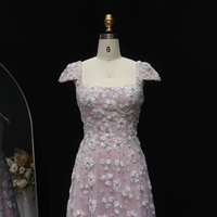 Robe de soirée florale rose clair chic Sharon Said SS602 pour femme, col carré, dos ouvert, pour mariage, fête ou bal de promo
