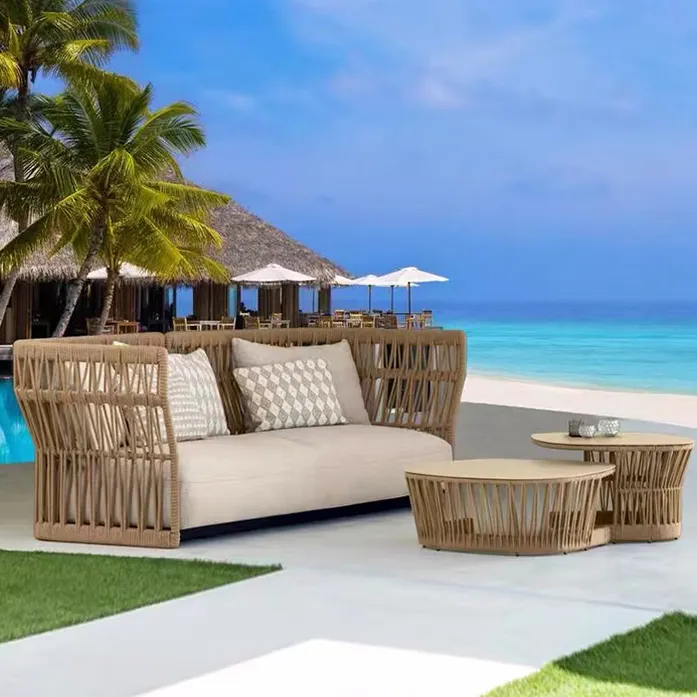 Outdoor Aluminum Frame Rope Linen Cushions Living Leisure Sofa Set Wicker Furniture