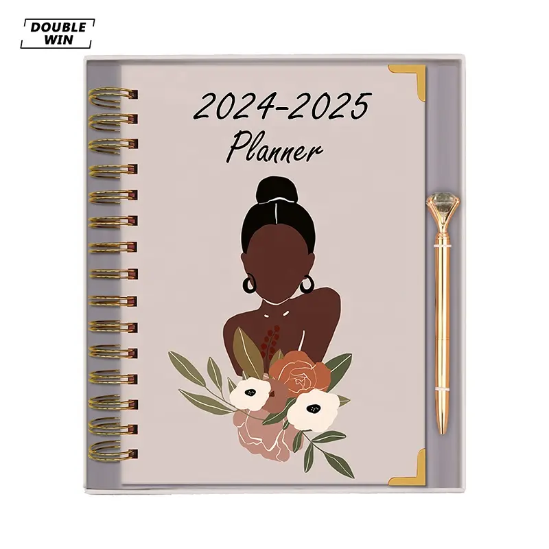 مفكرة ودفتر للتخطيط لليوميات والعناية الذاتية بحياة الفتاة ذو اللون الأسود بحجم A5 حلزوني بشكل مخصص لعام 2024 للسيدات