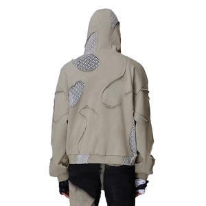 Veste unisexe pour homme en molleton 100% coton, coupe ample, avec fermeture éclair personnalisée, effet vieilli, bords bruts et patchwork en tissu mesh - Product Image 2