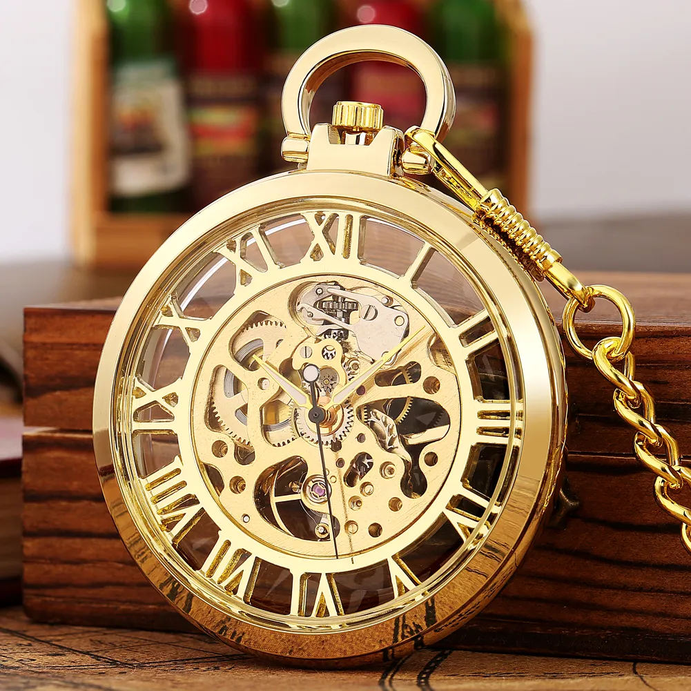 Antique Transparent Roman Skeleton Steampunk Pocket Clock Vintage Fob Mechanical Watches With Chain For Men