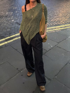 <span class=keywords><strong>Pull</strong></span> en maille vert mousse style grunge 2026 pour femme, <span class=keywords><strong>sexy</strong></span>, épaules dénudées, ample, ajouré, streetwear Y2K, coupe oversize - Product Image 5